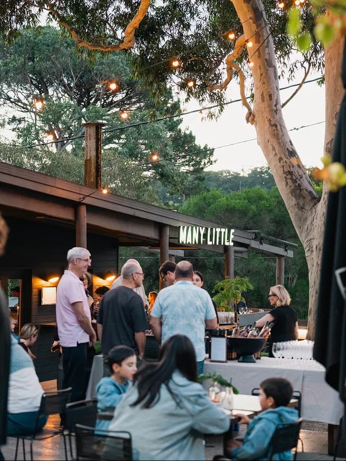 Outdoor terrace at Many Little with fire pit and festoon lighting